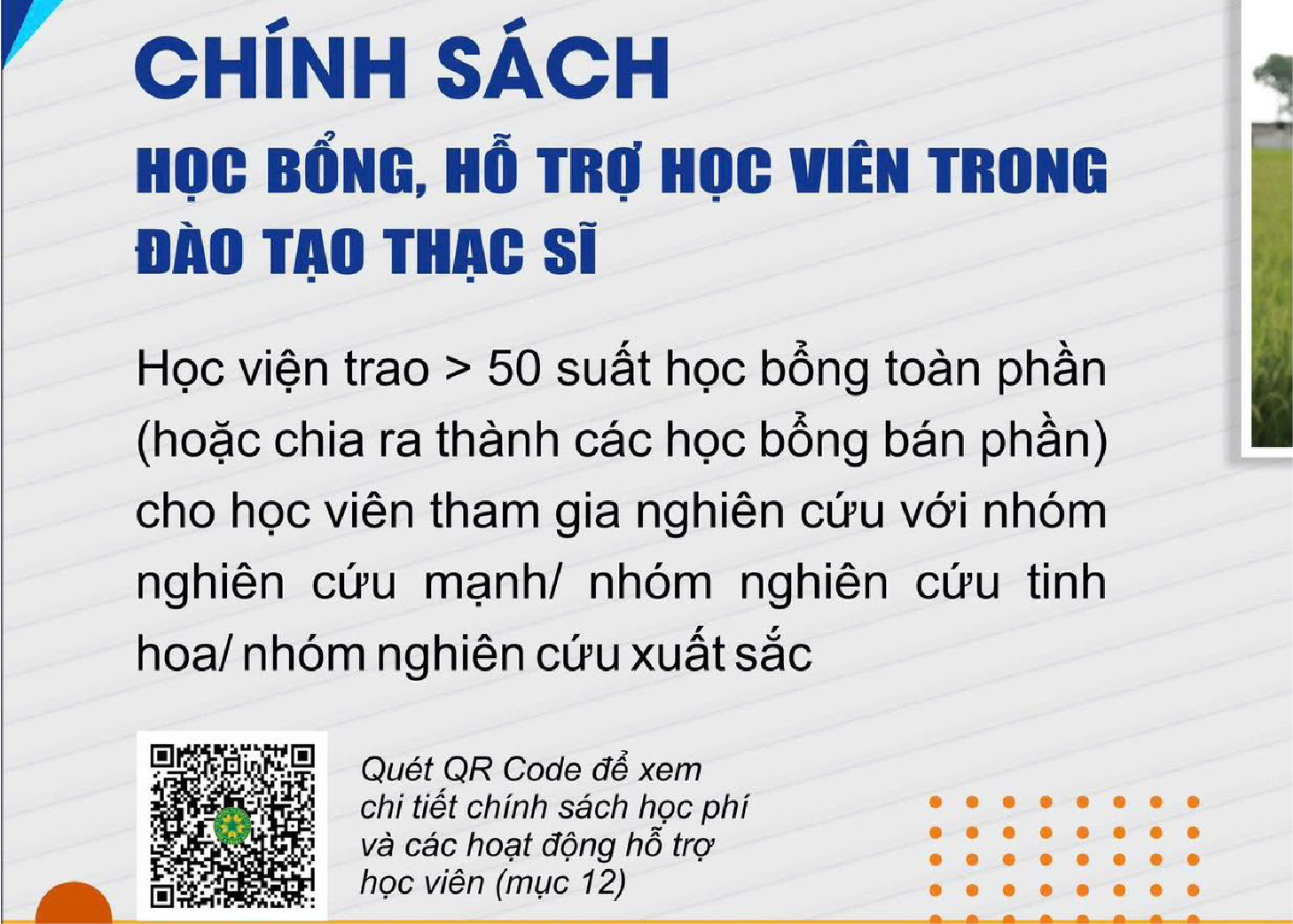 CHÍNH SÁCH HỌC BỔNG, HỖ TRỢ HỌC VIÊN TRONG ĐÀO TẠO THẠC SĨ TẠI HỌC VIỆN NÔNG NGHIỆP VIỆT NAM