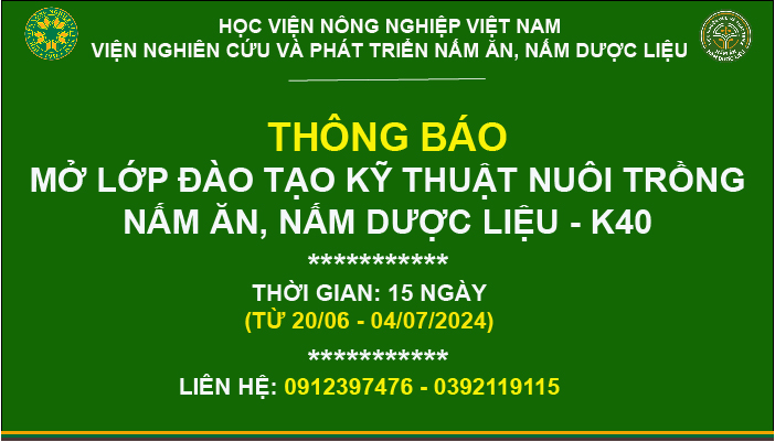 THÔNG BÁO MỞ LỚP ĐÀO TẠO KỸ THUẬT NUÔI TRÔNG NẤM ĂN, NẤM DƯỢC LIỆU - K40