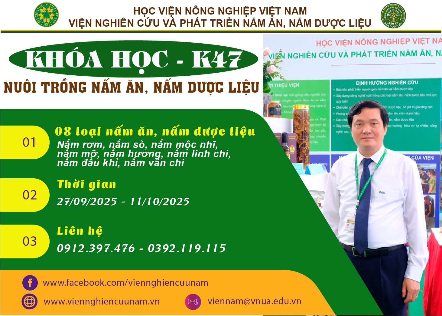 THÔNG BÁO MỞ LỚP ĐÀO TẠO KỸ THUẬT NUÔI TRÔNG NẤM ĂN, NẤM DƯỢC LIỆU - K47